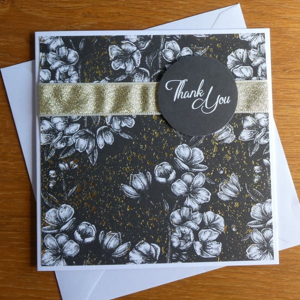 Thank You Card - Floral Black and Gold