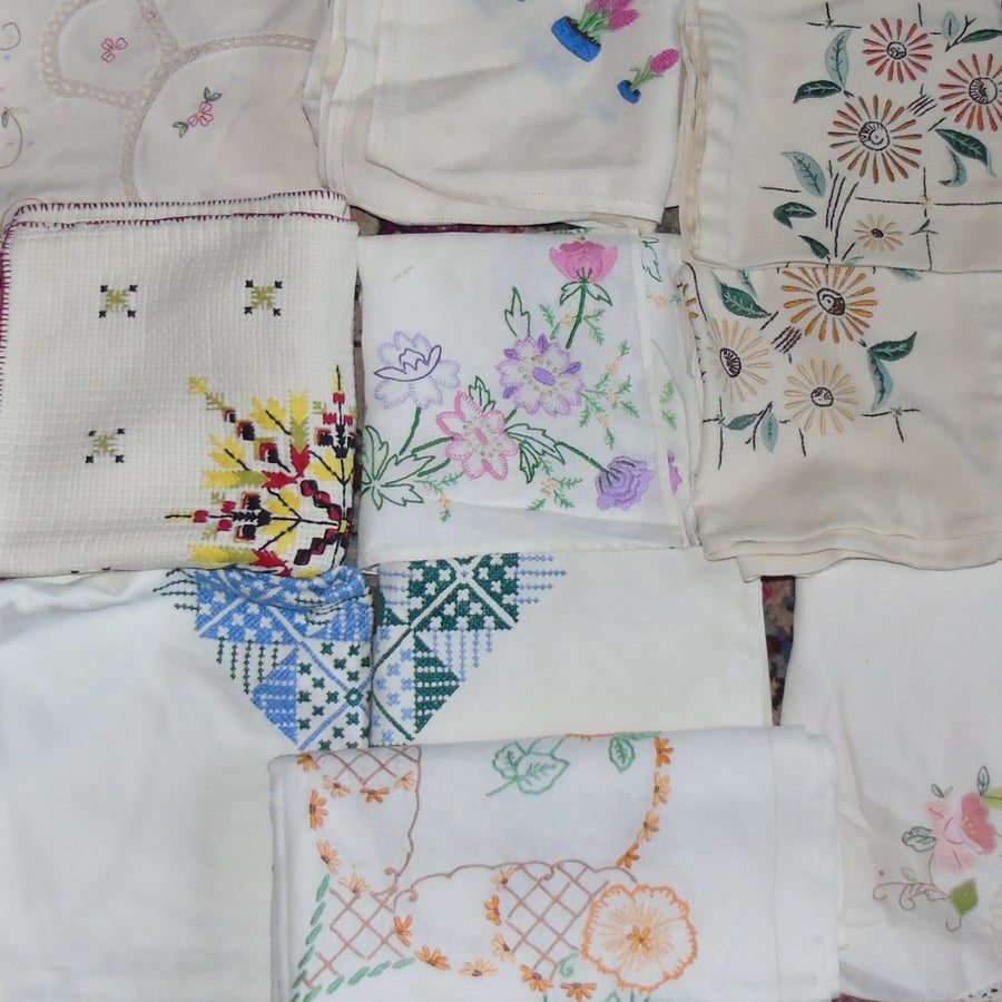 11 items of vintage embroidered linens for upcycling repurposing 
