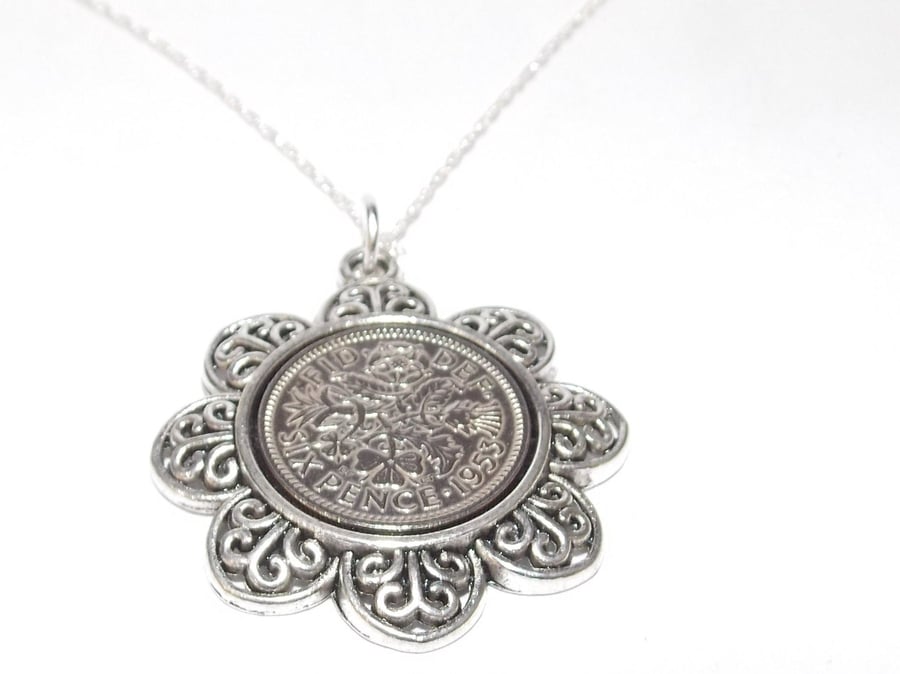 Floral Pendant 1953 Lucky sixpence 67th Birthday plus a Sterling Silver 18in Cha
