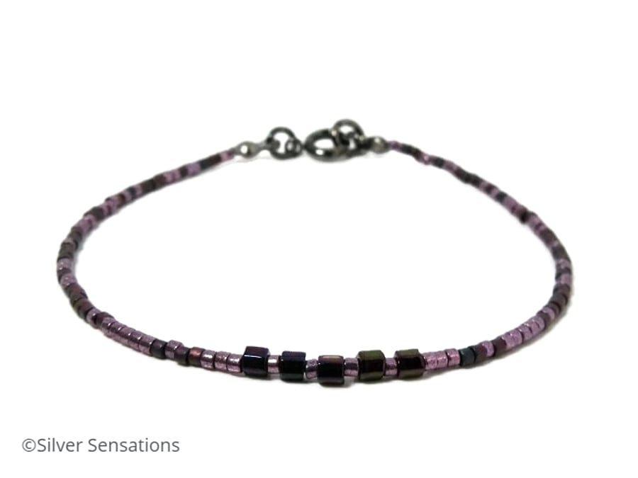 Dark Purple Seed Bead Skinny Layering Fashion Bracelet - 6.5" - 8.5"