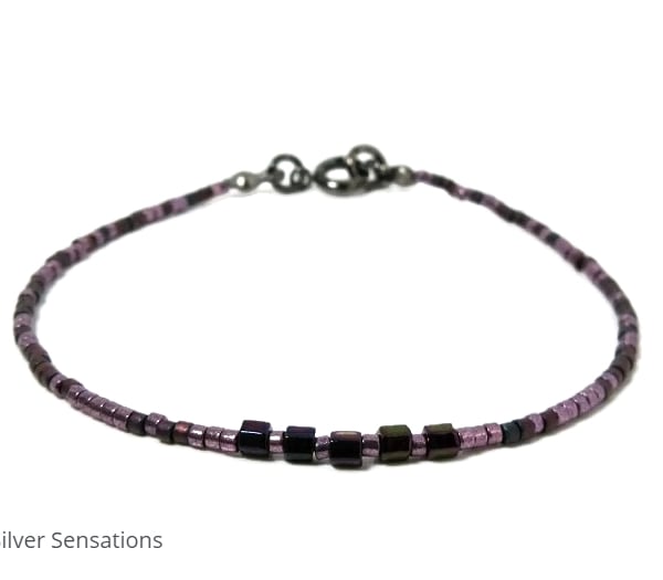 Dark Purple Seed Bead Skinny Layering Fashion Bracelet - 6.5" - 8.5"