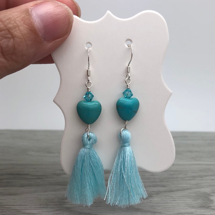 Turquoise and tassel sterling silver earrings