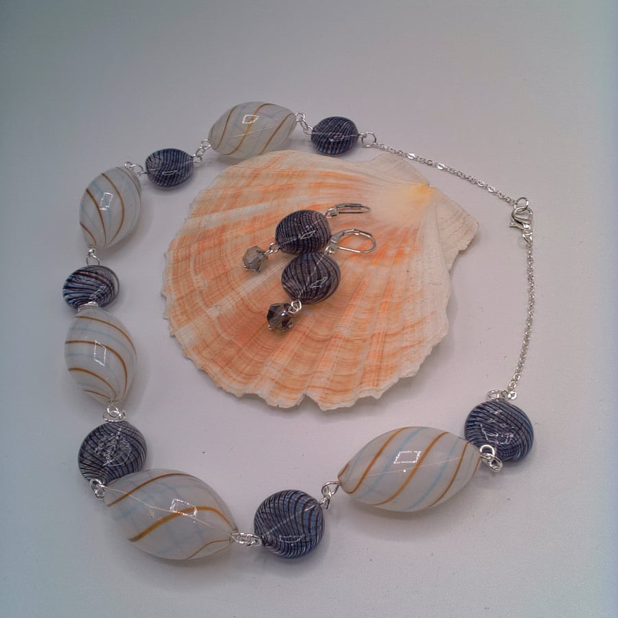 White and Navy Blue Hollow Glass Bead Necklace and Earrings, Gift for Her