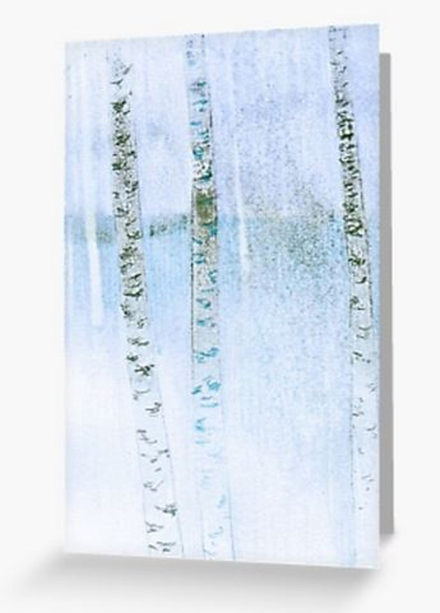 Birches in blue II blank artist card forest monoprint mixed media