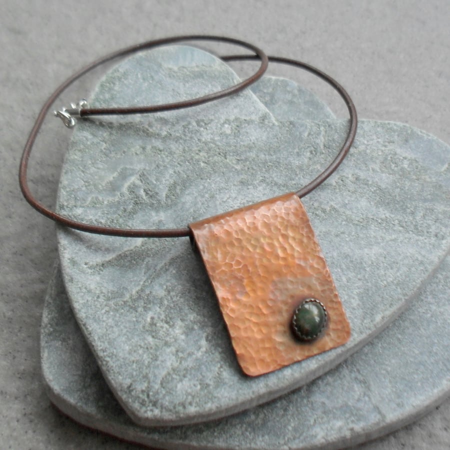   Copper Pendant With Bloodstone Semi Precious Gemstone and Leather Cord