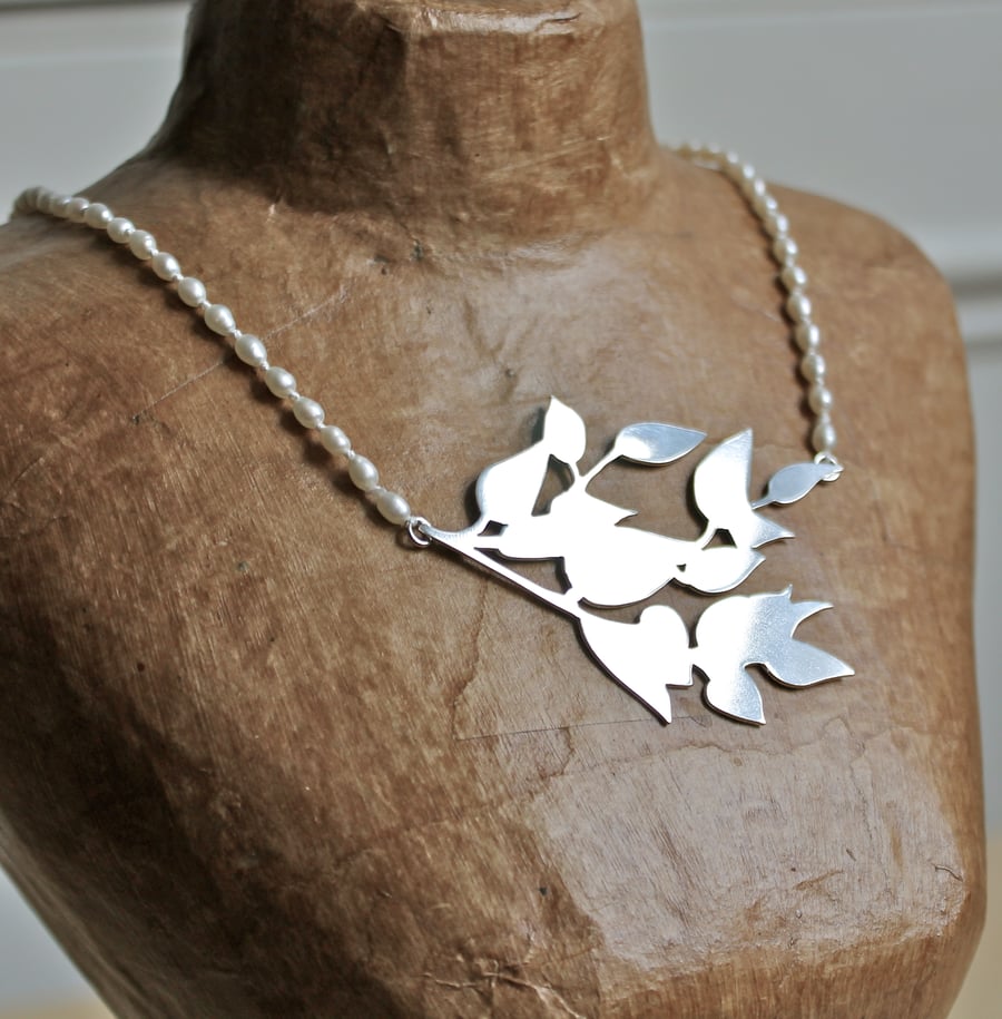 Silver and Pearl Leaf Necklace