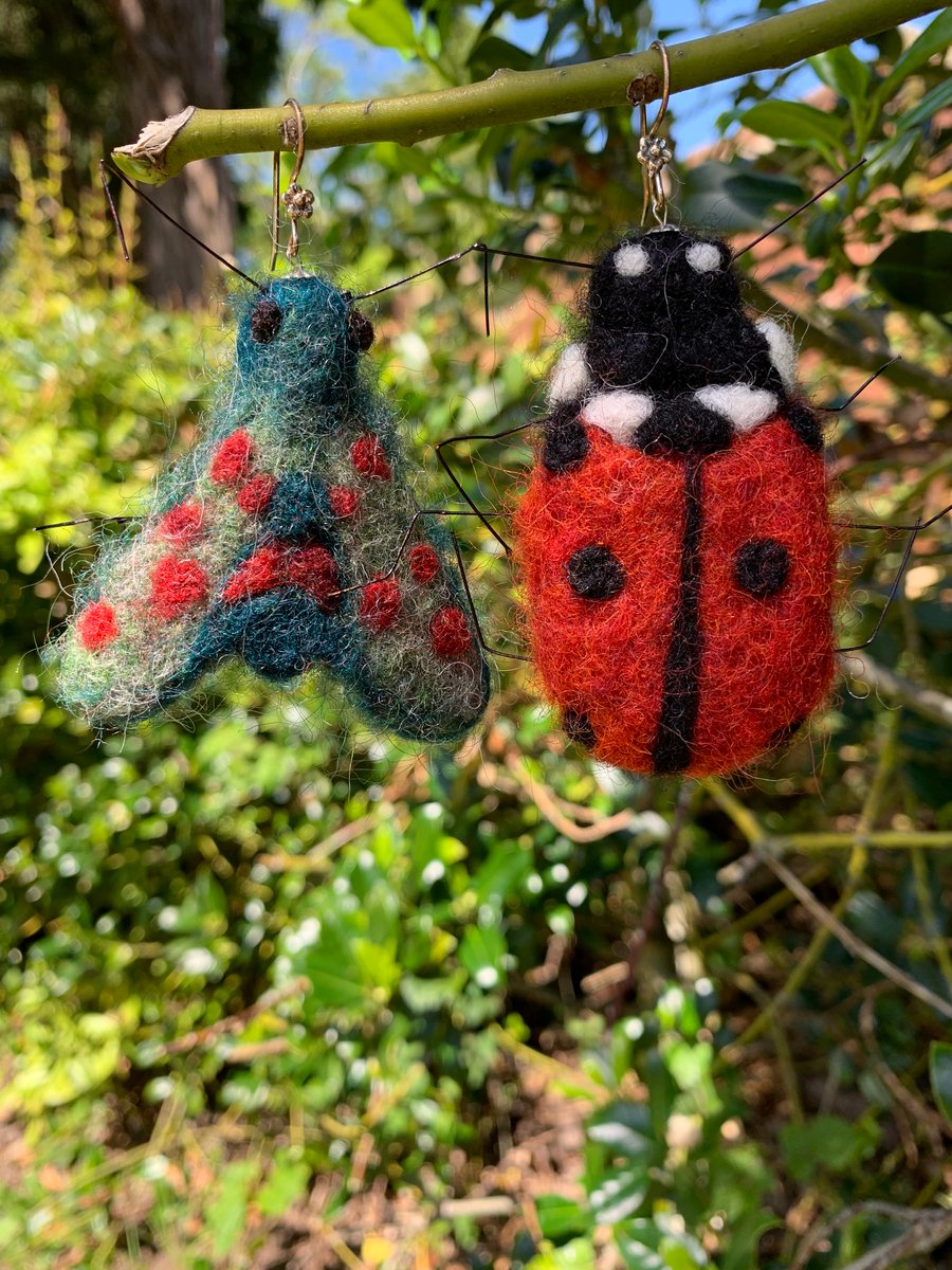 Needle Felted Bug Earrings, Handmade Ladybug Wool Earrings, Burnet Moth Earrings