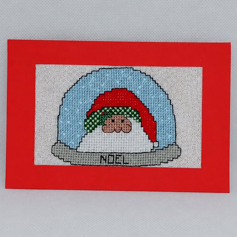 Handmade Cross Stitch Santa Snow Globe Christmas Card – 6 x 4 Inch