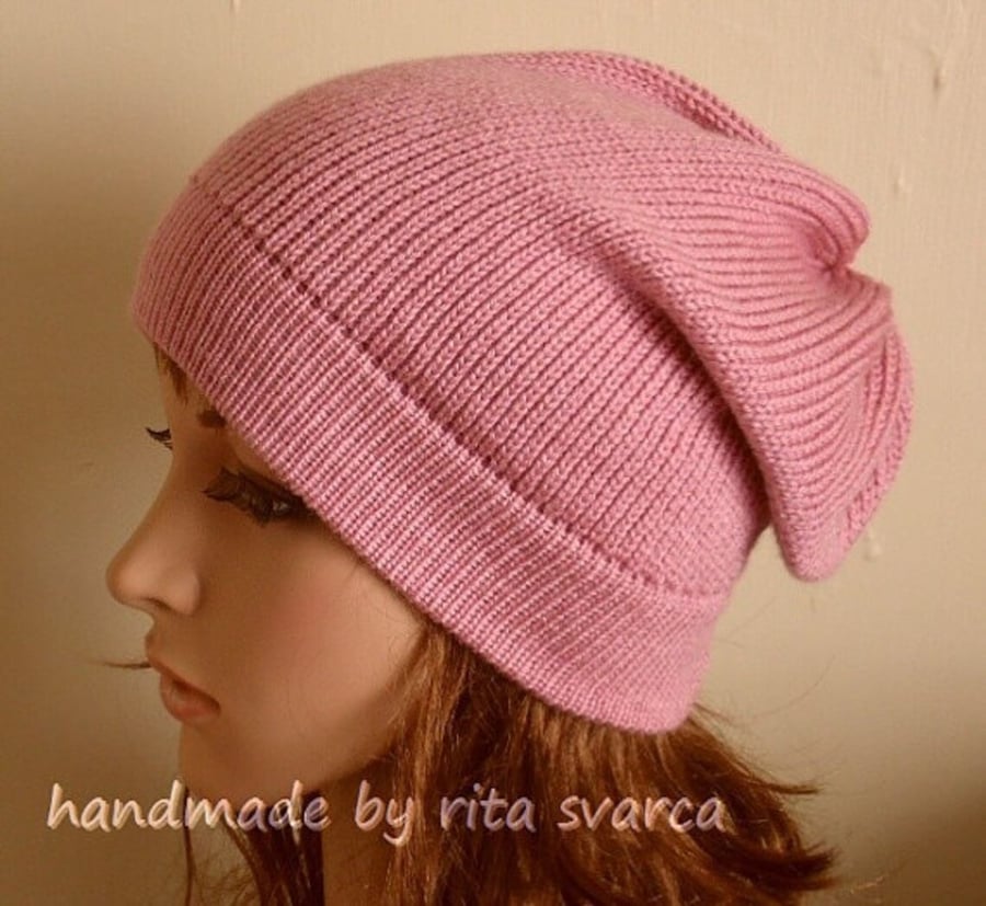 Handmade pale rose beanie, knitted slouch beanie, fall hat for women
