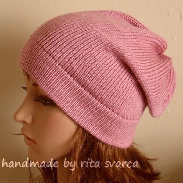 Handmade pale rose beanie, knitted slouch beanie, fall hat for women