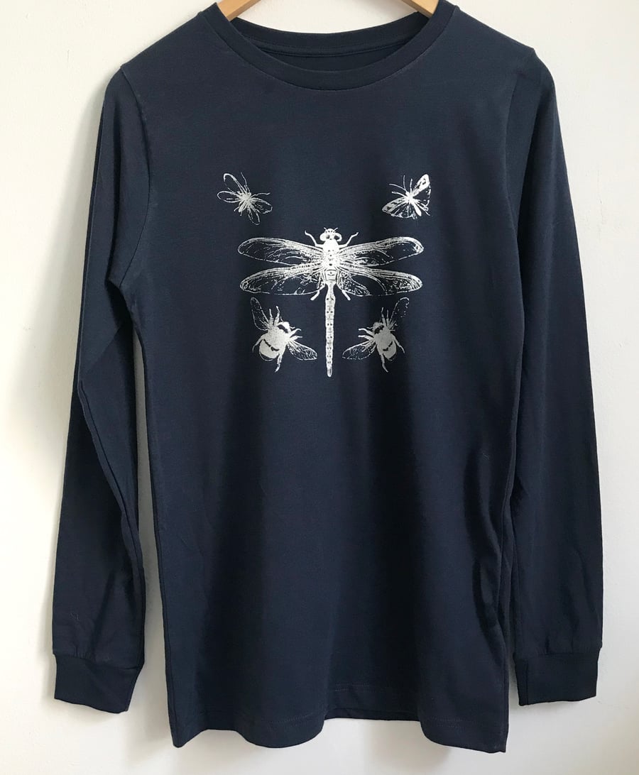 Dragonfly insects printed cotton T shirt navy blue silver flying insects print 