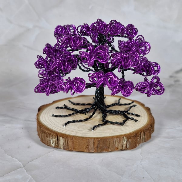 Small Wire Tree with Purple Foliage on a Wooden Base