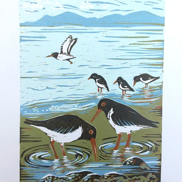 Oystercatchers and mountains - linoprint