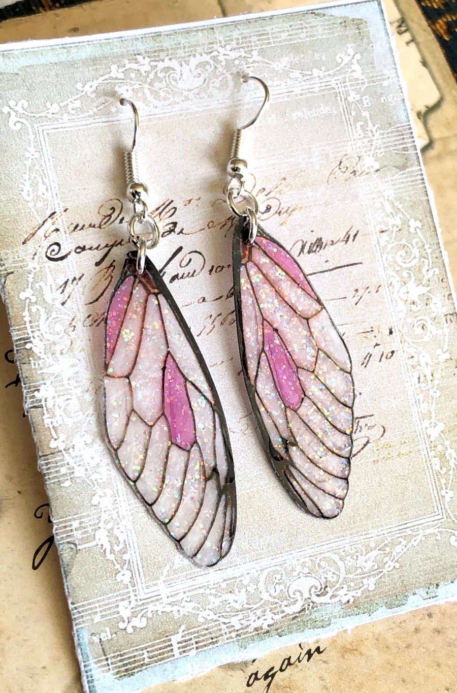 Pink Sparkling Fairy Wing Sterling Silver Earrings