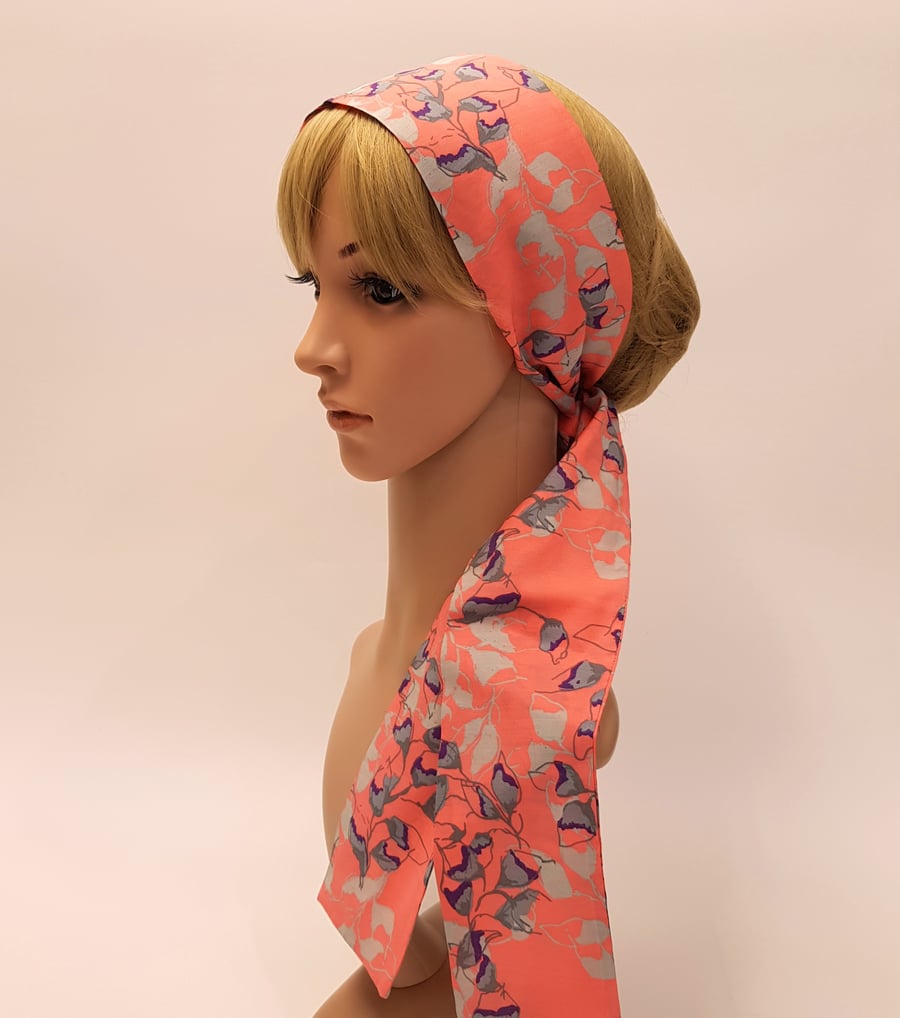 Pink floral hair scarf, long hair band, pin up head scarf, bandanna for women