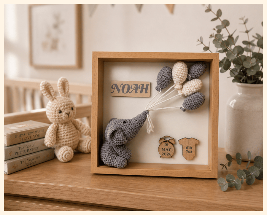 Personalised Crochet Elephant Keepsake Frame with LED Lighting New Baby ...