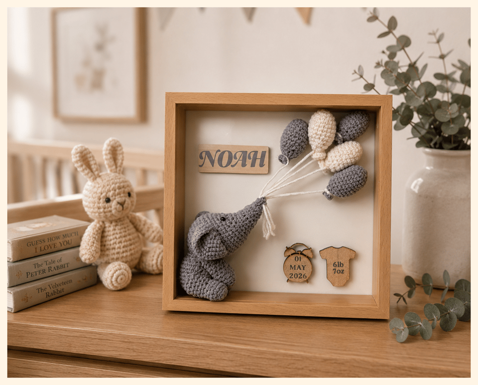 Personalised Crochet Elephant Keepsake Frame with LED Lighting New Baby Gift