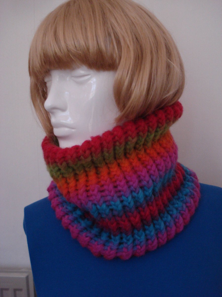 Neck Warmer Cowl  Hand Knitted With 28% Merino Wool In Pink, Green And Orange
