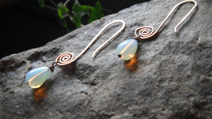 Long Swirled Copper Wire Opalite Earrings
