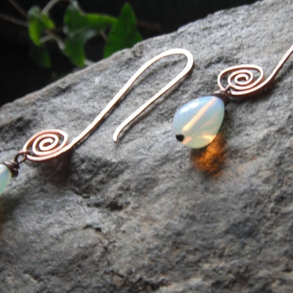 Long Swirled Copper Wire Opalite Earrings