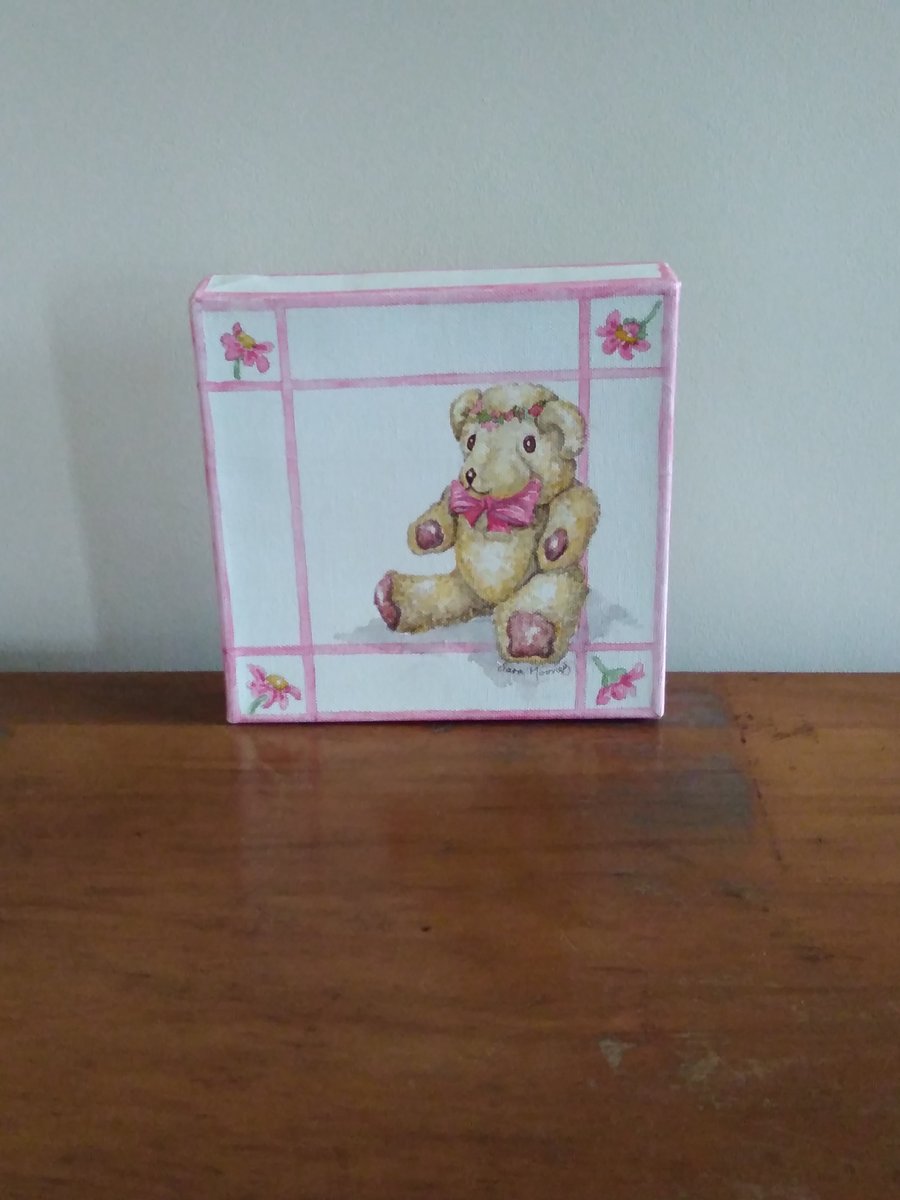 Teddy bear original painting with pink bow and pink daisy border on canvas