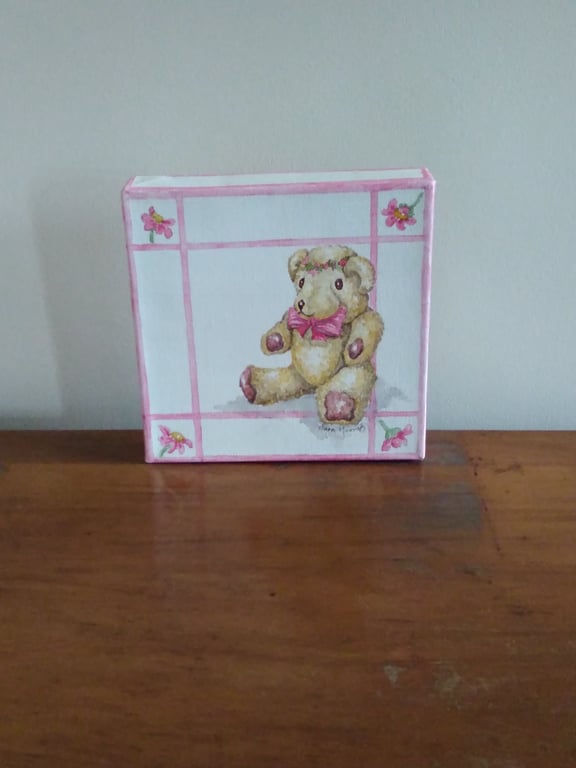 Teddy bear original painting with pink bow and pink daisy border on canvas