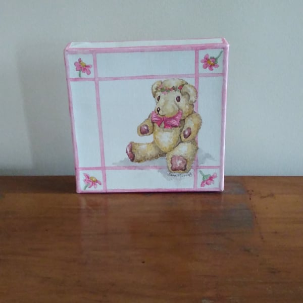 Teddy bear original painting with pink bow and pink daisy border on canvas