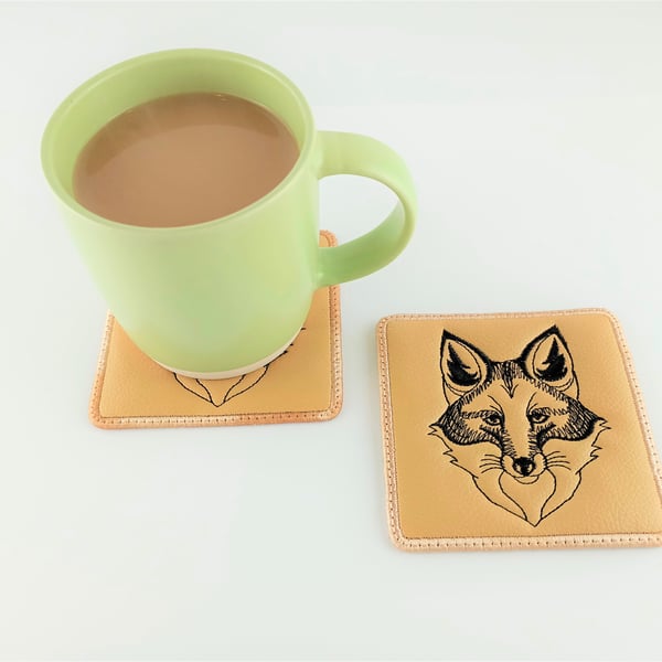 Fox coasters - Machine embroidered fox head on faux leather coasters