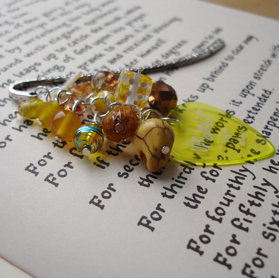 Yellow Rock Chick Guitar Plectrum Bead Cluster Bookmark