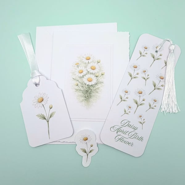 Daisy April Birth Flower Mini Gift Set - Botanical Card, Bookmark & Gift Tag