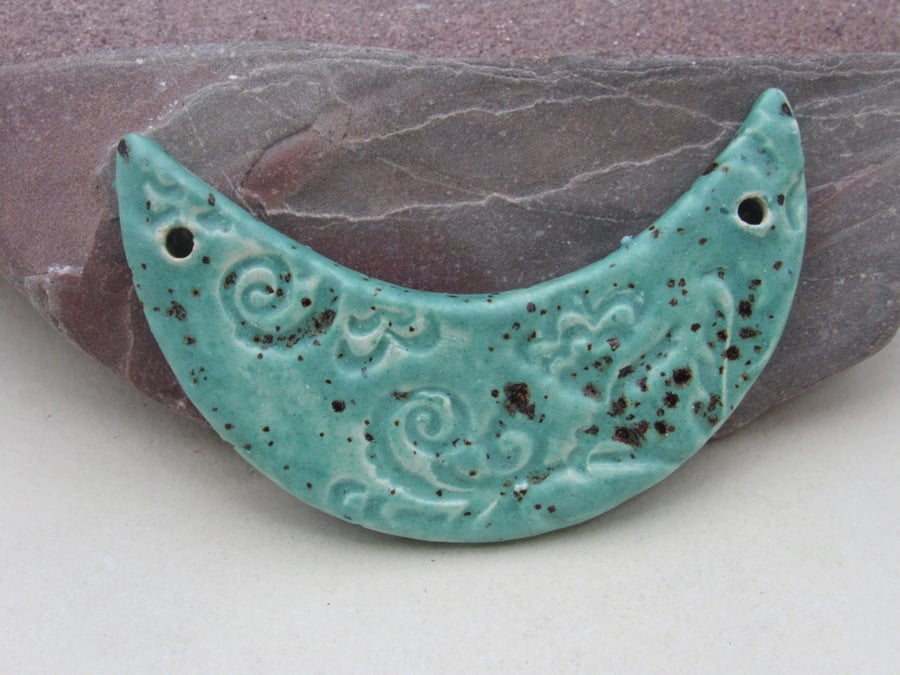 Eggshell Blue Brocade Ceramic Crescent Bib Pendant