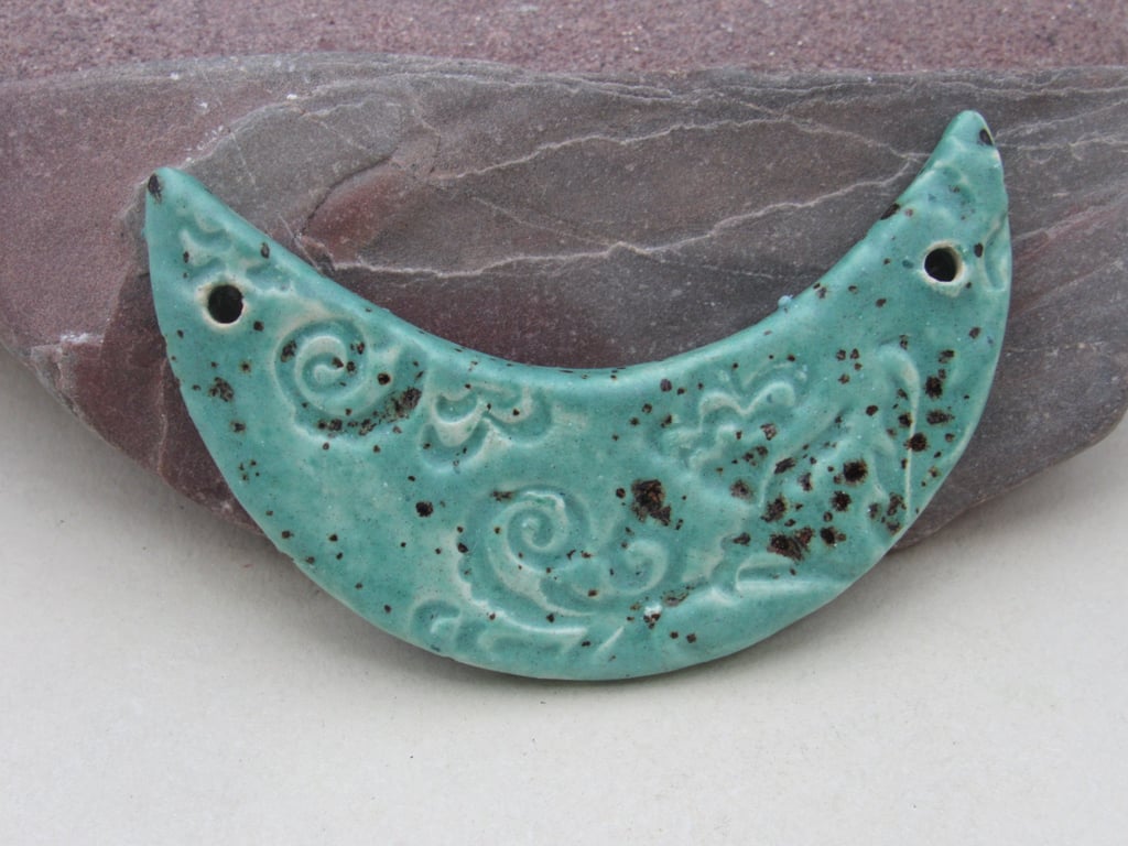 Eggshell Blue Brocade Ceramic Crescent Bib Pendant