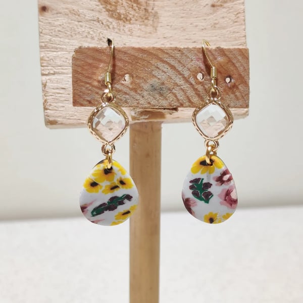 Sunflower floral clear mini teardrop dangle earrings 