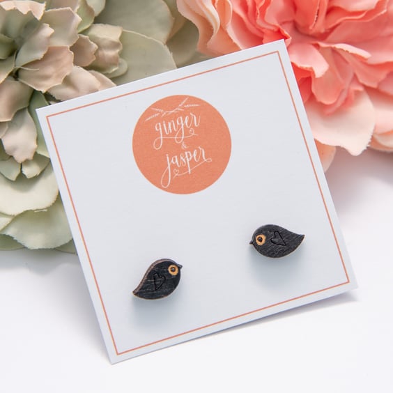 Hand Painted Wooden Blackbird Earrings, Black Bird Studs, Cute Birthday Gift