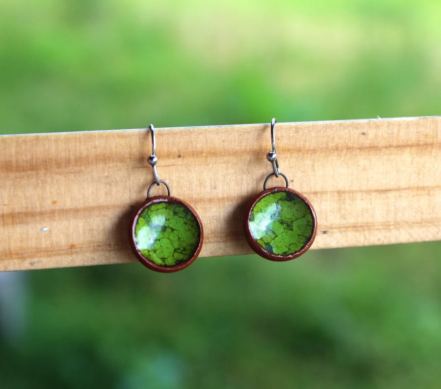 Handmade Green Glazed Ceramic Earrings, Hypoallergenic Stainless Steel, Natural 