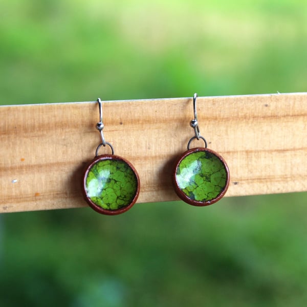 Handmade Green Glazed Ceramic Earrings, Hypoallergenic Stainless Steel, Natural 