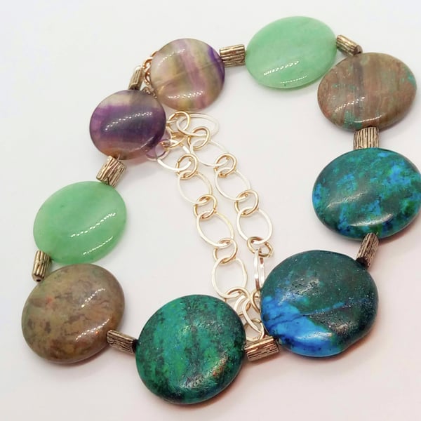 Jasper Jade and Fluorite Bead Long Line Necklace With Silver Spacers and Chain