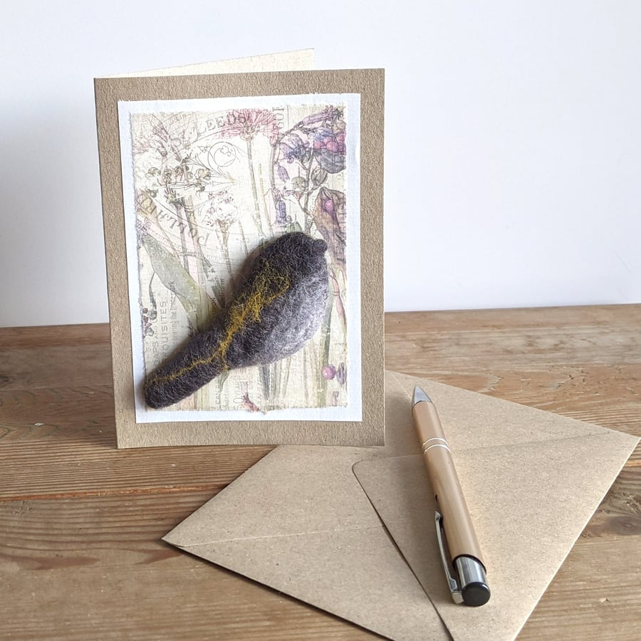 Brooch on a card - felted bird - grey longtail