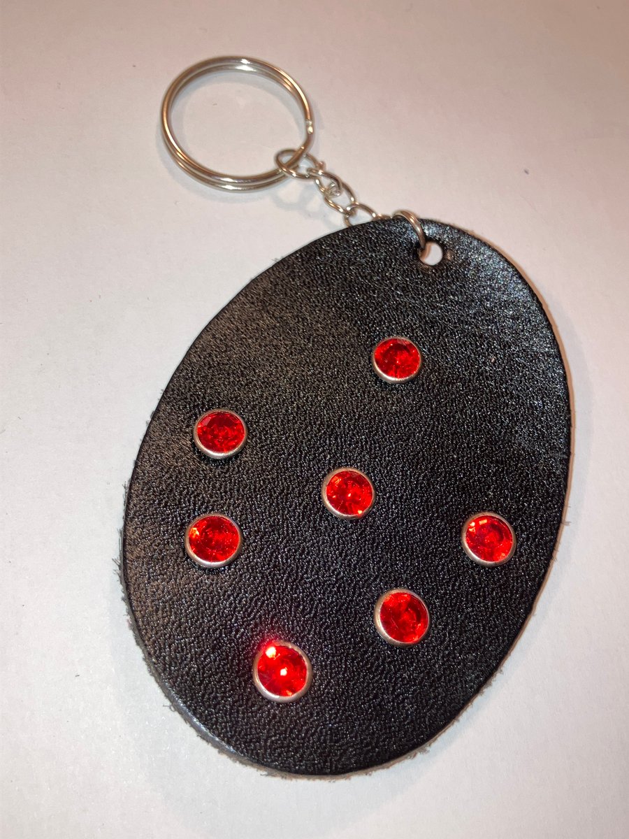 Black Leather Keyring with 7 Red Gemstones - FREE SHIPPING