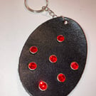 Black Leather Keyring with 7 Red Gemstones - FREE SHIPPING
