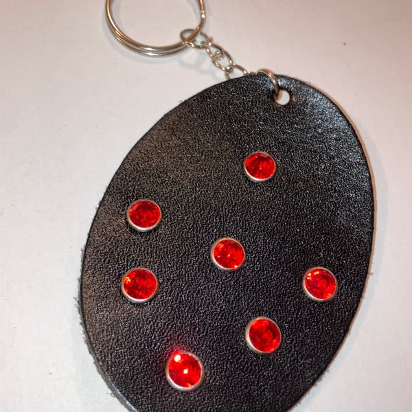 Black Leather Keyring with 7 Red Gemstones - FREE SHIPPING