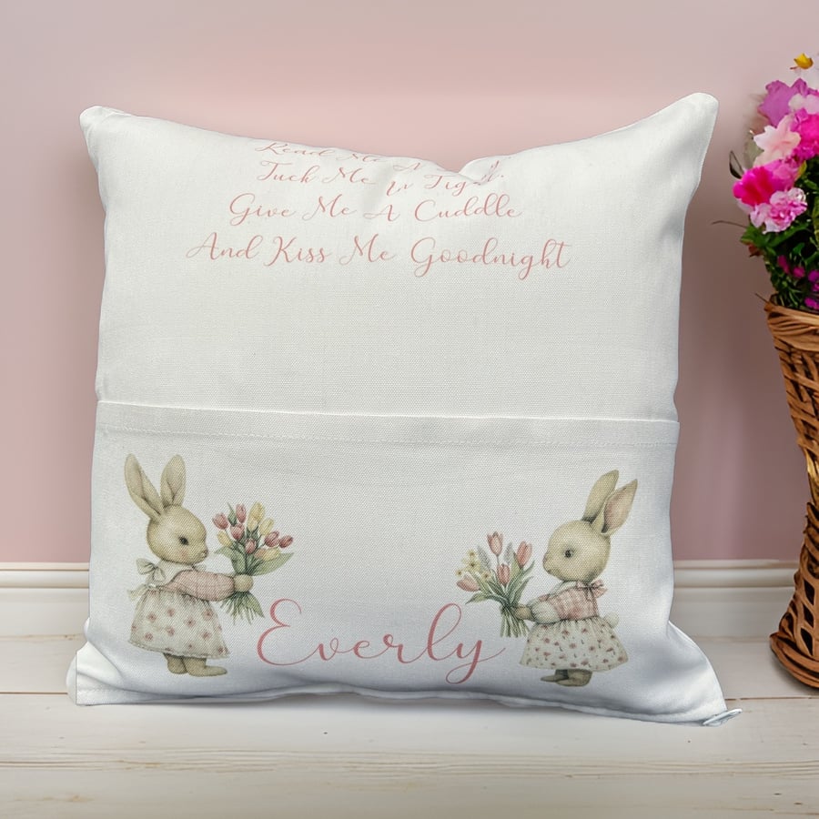 Personalised bunny reading cushion rabbit nursery Christening Baby Shower