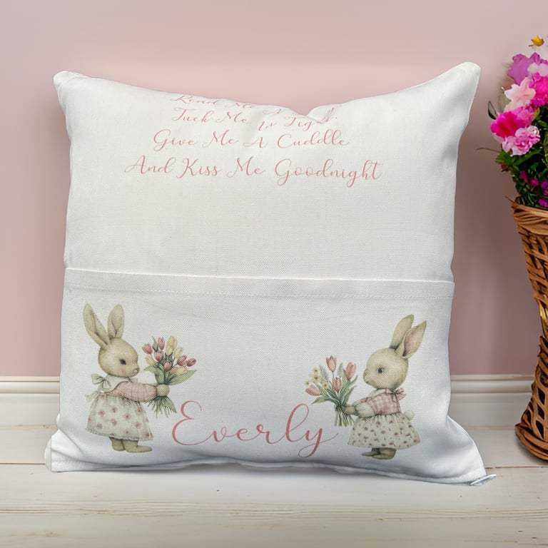 Personalised bunny reading cushion rabbit nursery Christening Baby Shower