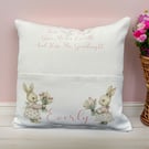 Personalised bunny reading cushion rabbit nursery Christening Baby Shower