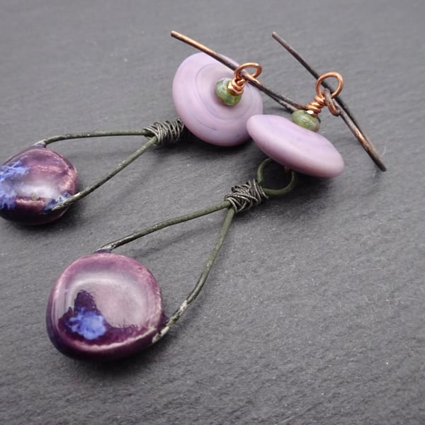 lampwork glass purple earrings, ceramic and copper jewellery