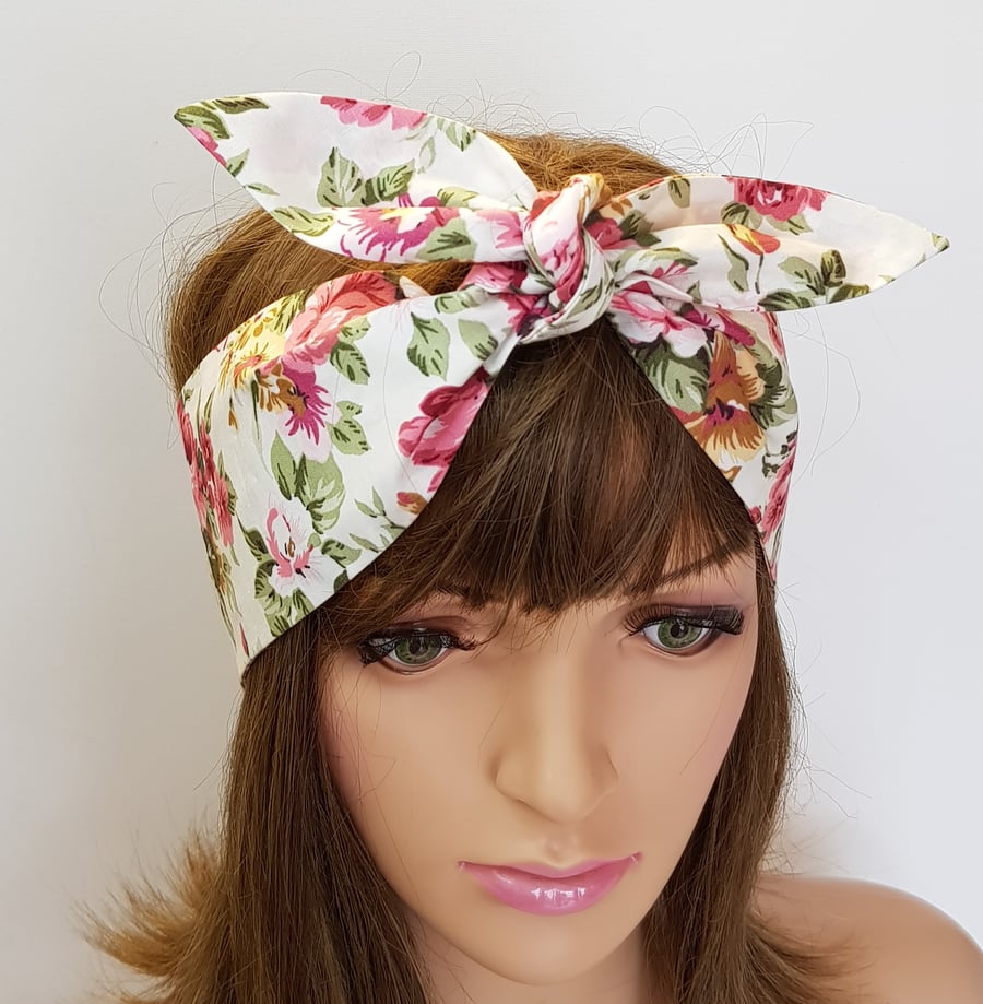 Floral hair scarf rockabilly head scarf cotton self tie headband hair bandanna