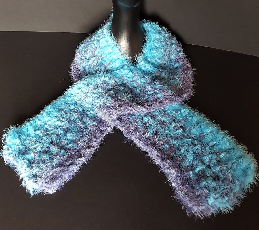 Turquoise and Grey Chunky Crochet Scarf