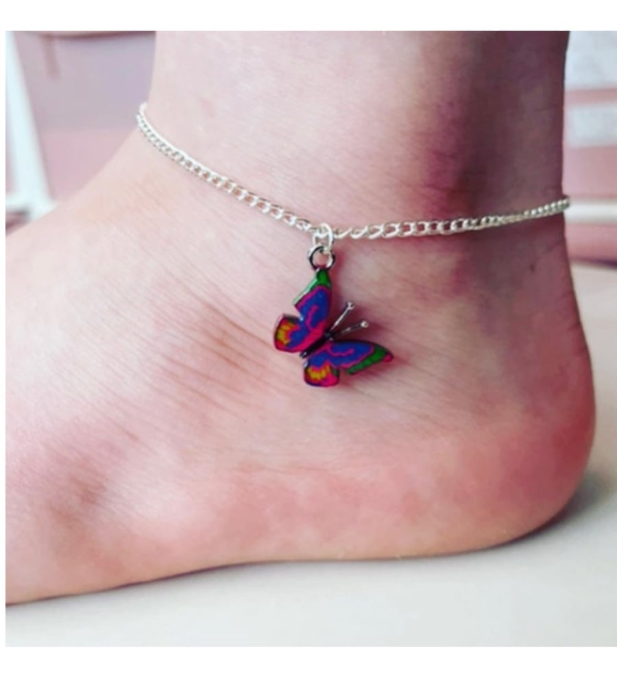 Multicolour butterfly pendant charm anklet silvertone curb chain anklet 