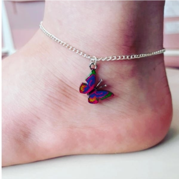 Multicolour butterfly pendant charm anklet silvertone curb chain anklet 