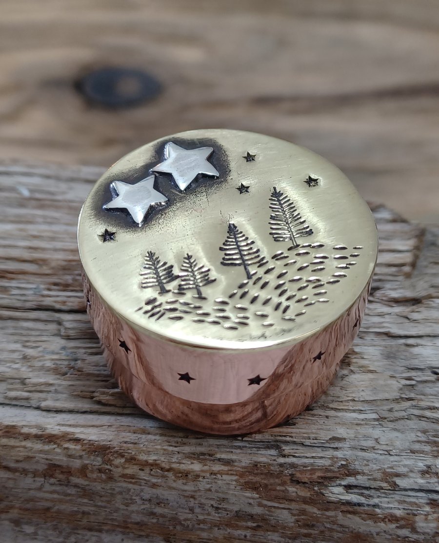 Copper box, collectable miniature copper, silver and brass mini alpine scene 